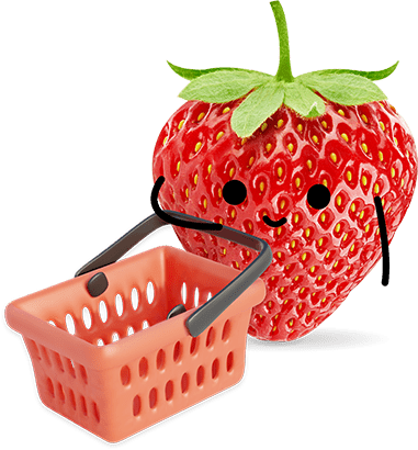 Strawberry character carrying an empty shopping basket