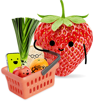 Strawberry character carrying a full shopping basket