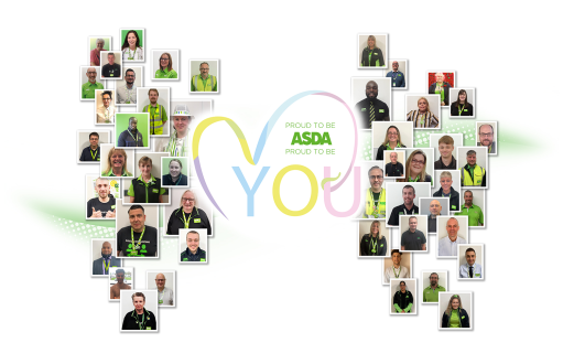 'Proud to be Asda, proud to be you' slogan surrounded by polaroid-style images of colleagues